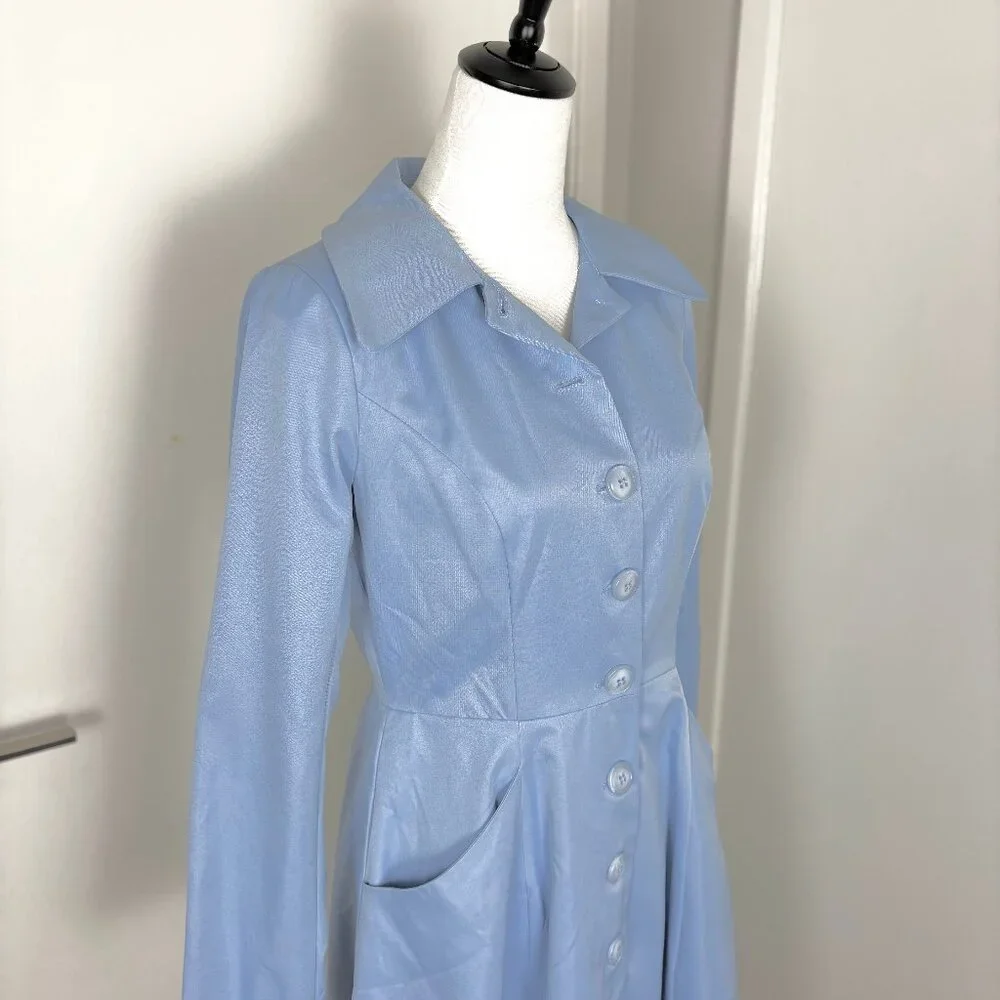 1940s 1950s Style Collectif Light Blue Princess Trench Coat Flare Small UK 10 - Picture 4 of 5